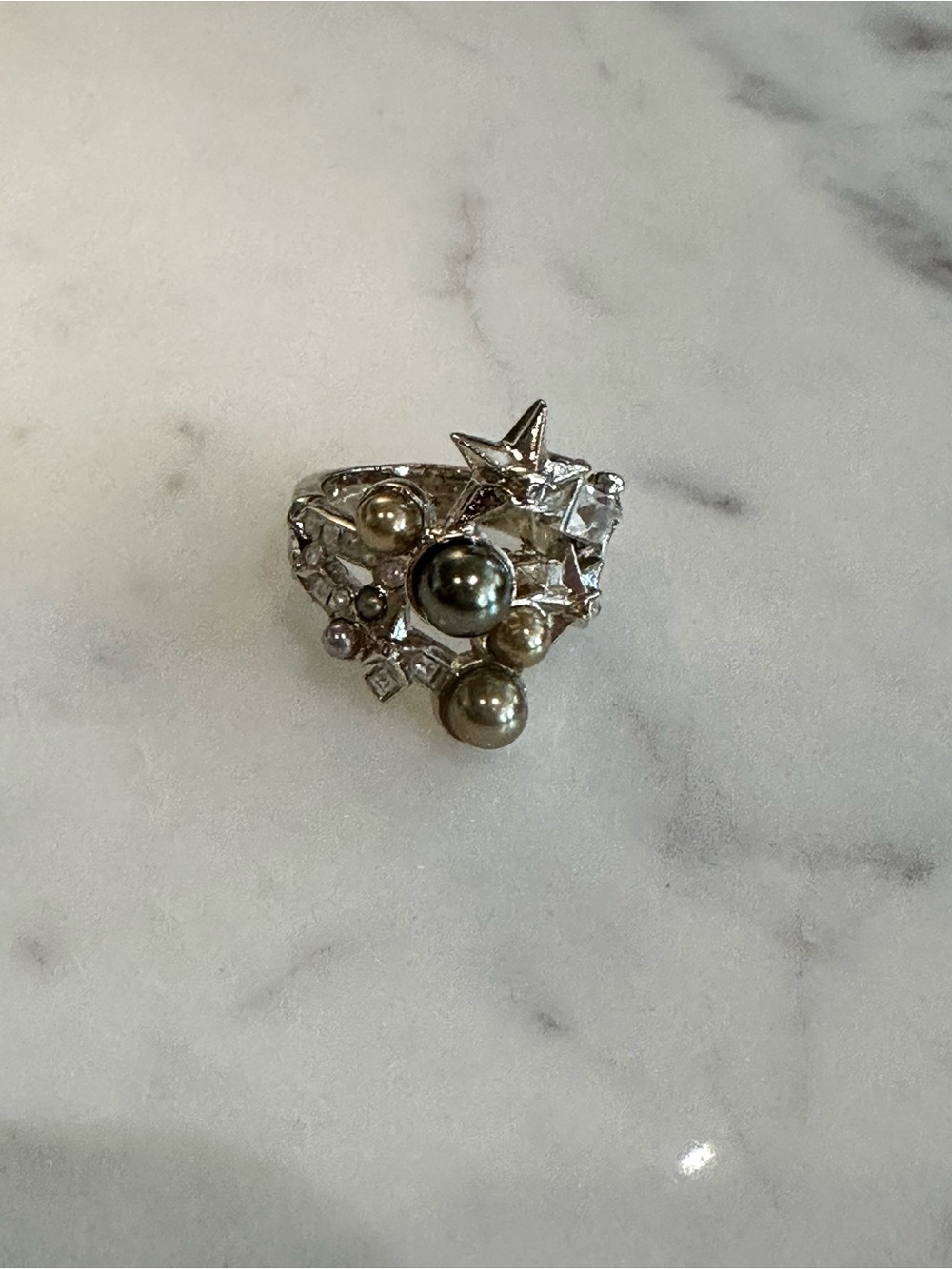 Silver Star & Pearl Cluster Statement Ring - Silver Tone